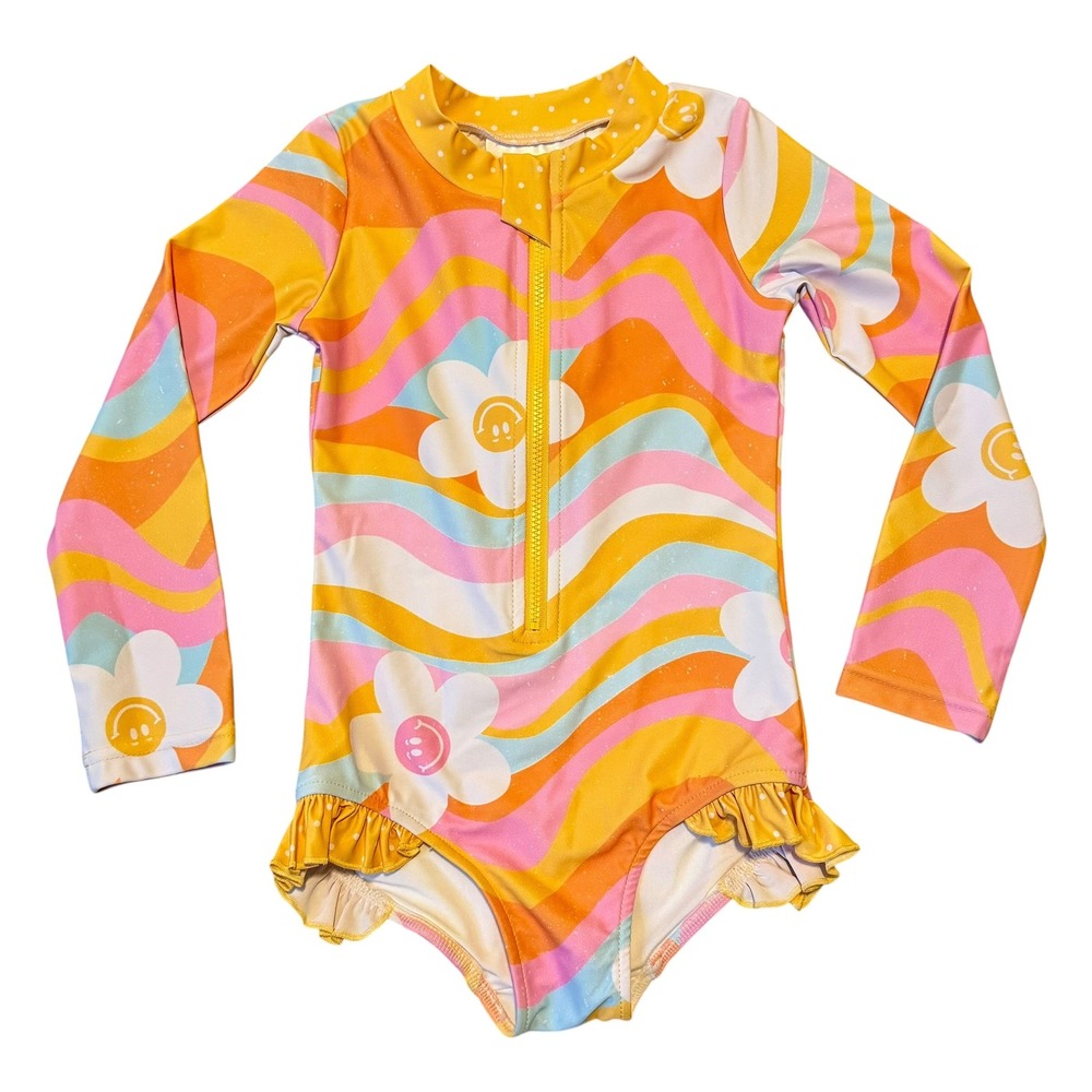 Oopsie Daisy Kids Retro Flower Wave Zip Rash Guard One Piece Swimsuit Size 4